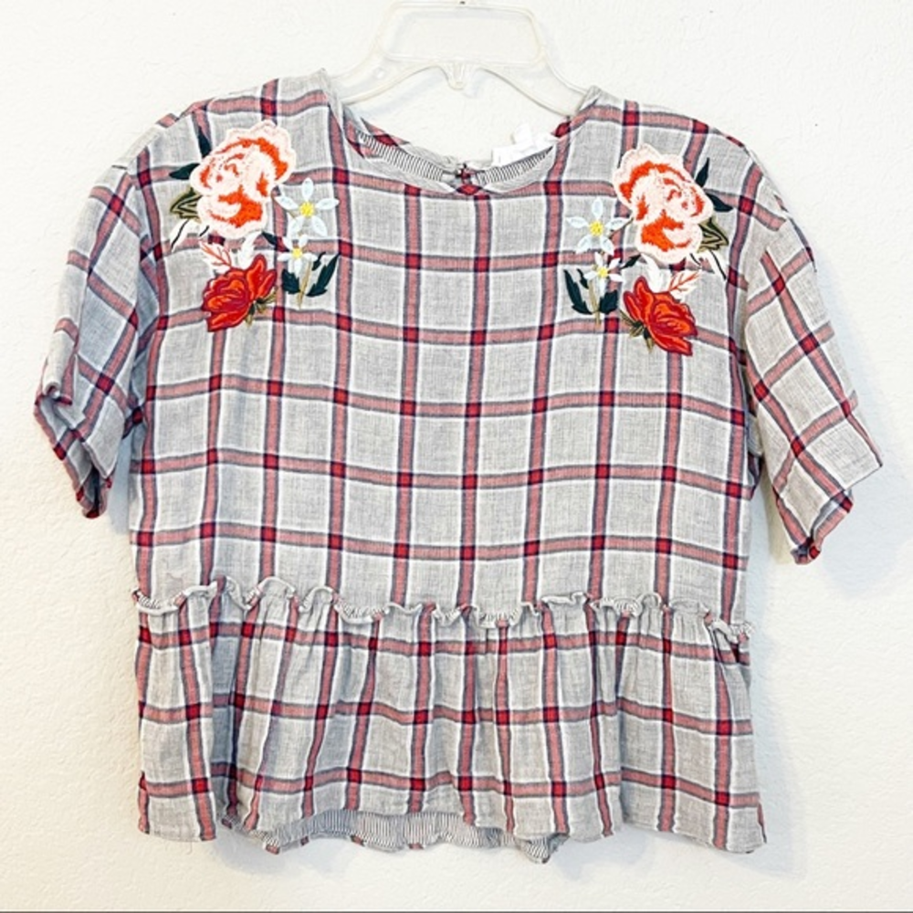 THML Boutique Flannel Embroidered Peplum Top